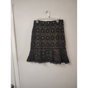 Ann Taylor Black Lace Flounce Hem Skirt Womens 8 Medallion Pattern Nude Lining